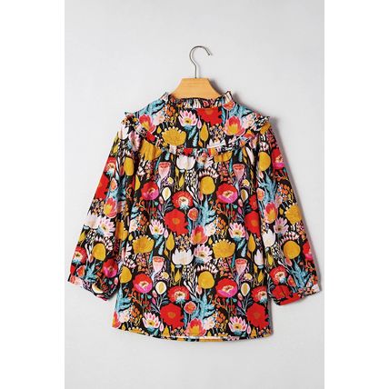 Black Floral 3/4 Puff Sleeve Tied Neck Blouse