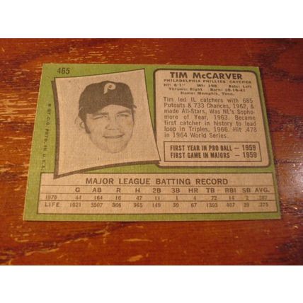 1971 Topps, TIM McCARVER, Phillies #465, Nice Card