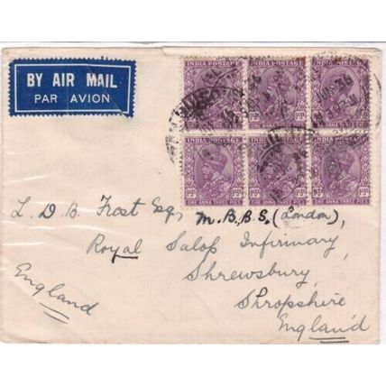 India 1936 to Shrewsbury UK Block of 6 George V 1a3r on cover written VGC