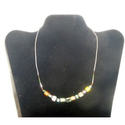 Feminine multicolour vintage treated cube and bugle bead necklace 16-17"