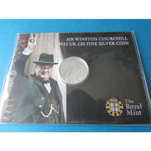 2015 QUEEN ELIZABETH II / SIR WINSTON CHURCHILL UK £20 FINE SILVER COIN. AAK