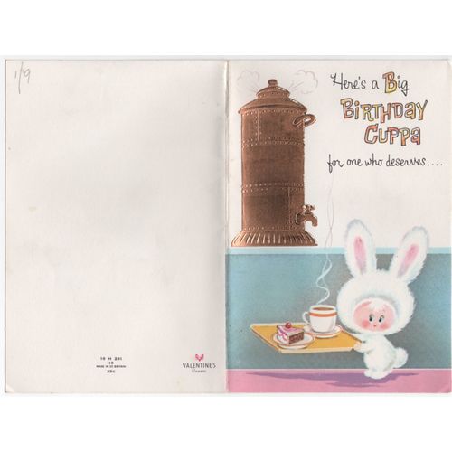 60's Valentines Greetings Card Bunny Big Birthday Cuppa for One who Deserves