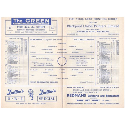 1962-63 BLACKPOOL v WEST BROMWICH ALBION (Excellent Condition - No Writing)
