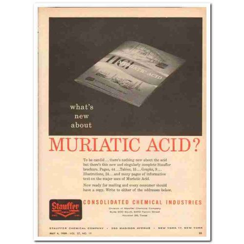 STAUFFER CHEMICAL COMPANY 1959 Whats new Muriatic Acid vintage ad
