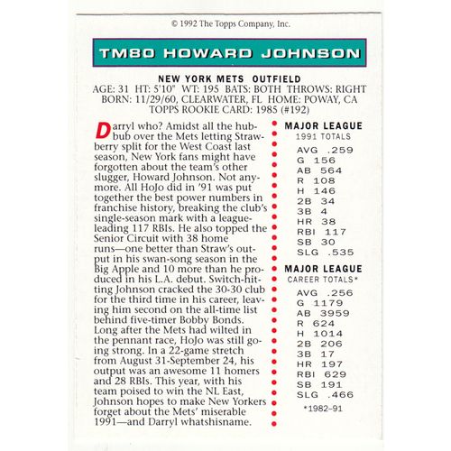 1992 Topps Magazine baseball TM80 Howard Johnson insert card –NM- Mets