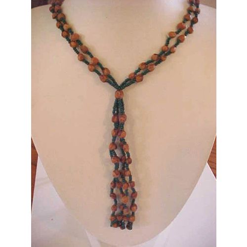 Dark Green Necklace Glass Bead Double Strand Fringe Tassel Brown Seed Beads 32"