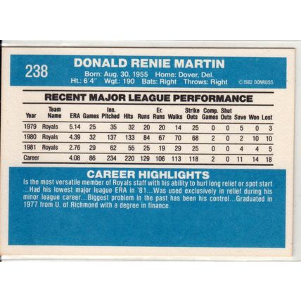 1982 Donruss baseball card 238 Renie Martin