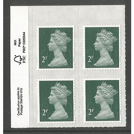 GB 2016 Machin SG U2921 2p Deep Green Block of 4 Top Left Corner (M16L) MNH