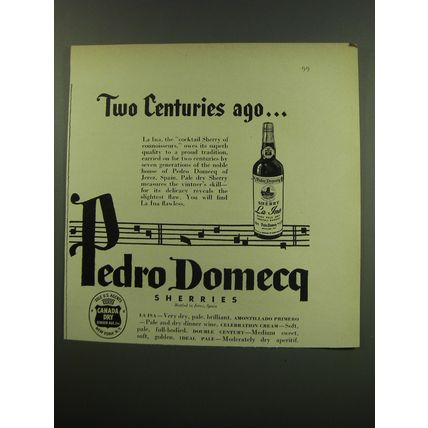 1949 Pedro Domecq La Ina Sherry Ad - Two Centuries ago