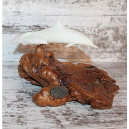 VTG John Perry Dolphin Lovers Gift Sculpture Mom Baby on Burl Wood Figurine