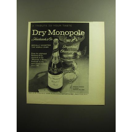 1958 Heidsieck Dry Monopole Champagne Ad - A tribute to your taste