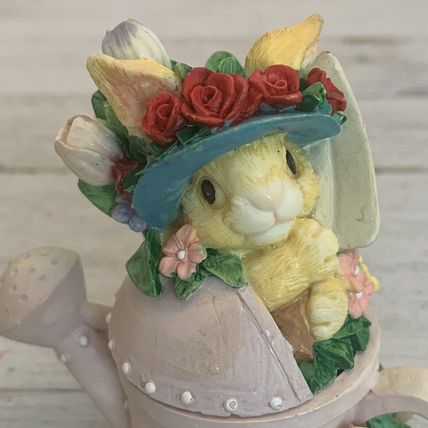 Vintage Bunny Rabbit Watering Can Lidded Trinket Box Tulips Roses Sun Bonnet Hat