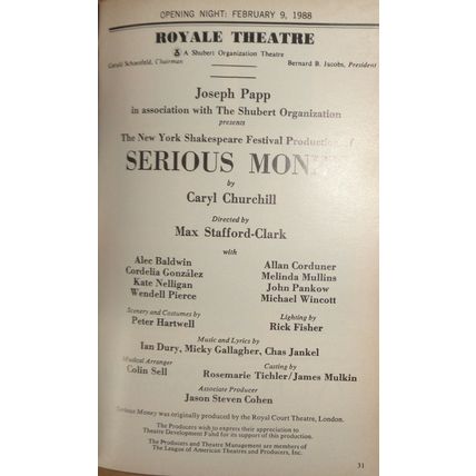 SERIOUS MONEY - PLAYBILL - OPENING NIGHT: FEBRUARY 9, 1988. Alec Baldwin et al