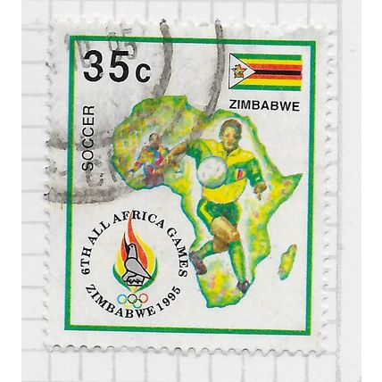 ZIMBABWE 1995 SPORTS SOCCER OLYMPIC RINGS 6th AFRICAN GAMES 35c USED
