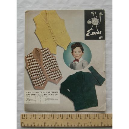 Vintage: Emu 505 waistcoats & cardigan for boys, 3 ply, 23-29 inch chest
