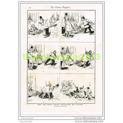 BOGUS BEGGAR FRUSTRATES HIS CAPTORS, A GERMAN CARTOON, BOOKPLATE/PRINT c1895