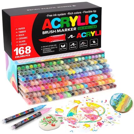 168 Colors Soft Brush Tip Acrylic Paint Markers Set, Pens for Rock, Wood, Fabric