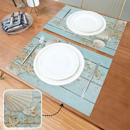 Summer Seashell Starfish Placemats Set of 6 Teal Wooden Table Mats 12X18 Inches
