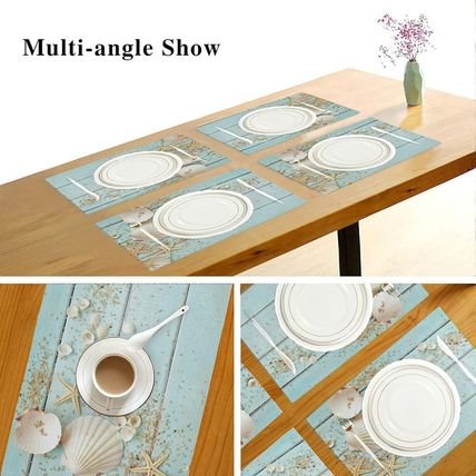 Summer Seashell Starfish Placemats Set of 6 Teal Wooden Table Mats 12X18 Inches