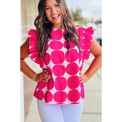 Rose Bubblegum Pattern Frilled Collar Flutter Sleeve Top