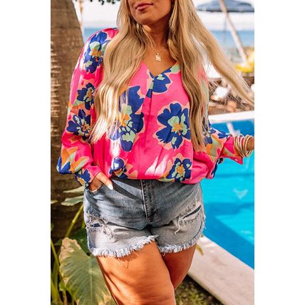 Rose Floral Pattern V Neck Balloon Sleeve Plus Size Blouse