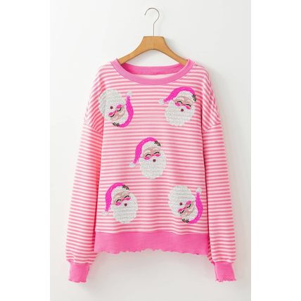 Pink Stripe Santa Clause Print Drop Shoulder Long Sleeve Loose Top