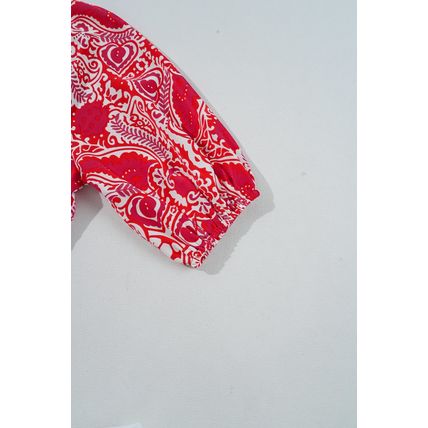 Red Paisley Print Side Slit Puff Sleeve High Waist Maxi Dress