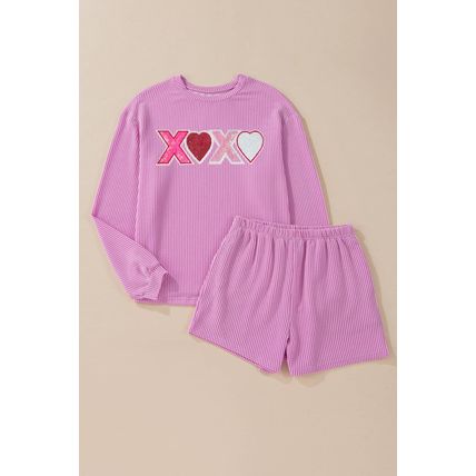 Phalaenopsis Corded Sequined XOXO Heart Valentines Long Sleeve Shorts Set