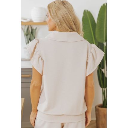 Apricot Textured Ruffled Sleeve Zipped Top and Wide Leg Pants Set