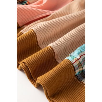 Multicolour Waffle Knit Plaid Patchwork Side Slits Loose Sweatshirt