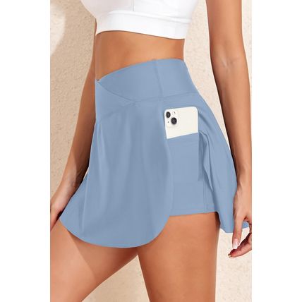 Beau Blue Solid Pocketed Crossover High Waist Swim Skort