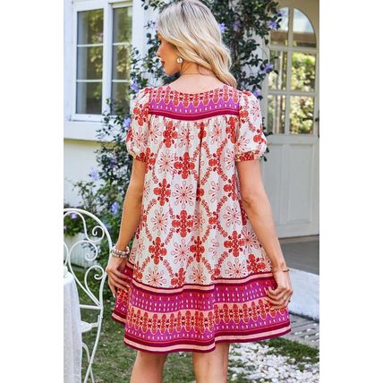 Rose Boho Floral Short Sleeve Lace-up V Neck Mini Dress