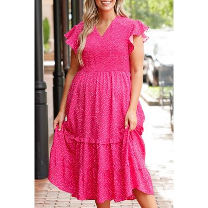 Rose Polka Dot Print Ruffled Smocked High Waist Plus Midi Dress