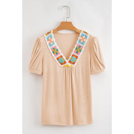 Pale Chestnut Crochet Floral V Neck Textured Short Sleeve Blouse