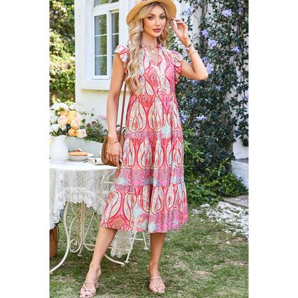 Rose Tribal Paisley Print Ruffled Sleeve Notch Neck Midi Dress