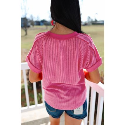 Rose Red Twisted Ribbed Knit V Neck Casual Tee