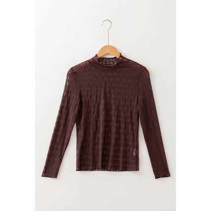 Coffee Sheer Mesh Patterned Lettuce Trim Slim Long Sleeve Top
