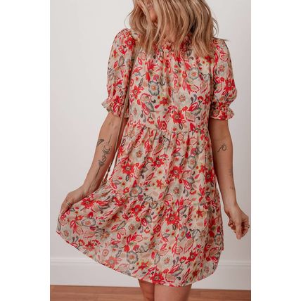 Multicolour Floral Print Frilled Neck Puff Sleeve High Waist Dress
