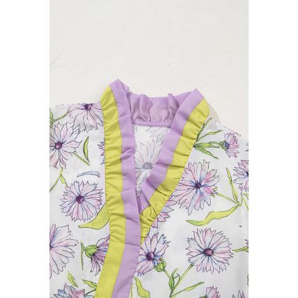 Purple Floral Print Striped Detail Split Neck Flounce Short Sleeve Peplum Blouse