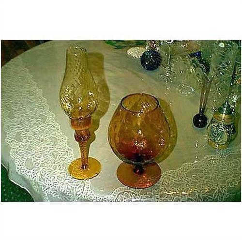 AMBER SPARKLING LARGE GOBLET BRANDY SNIFTER GLASS & 2 PIECE TAPER CANDLE HOLDER