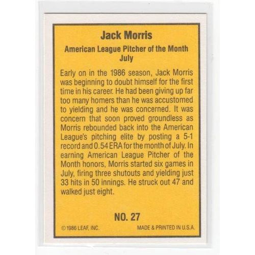 1986 Donruss Highlights Jack Morris baseball card #27 – Tigers