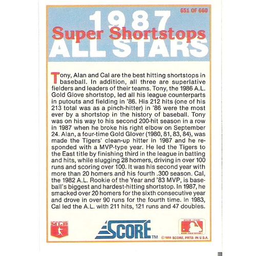 1988 Score baseball Cal Ripken, Trammell, Fernandez All Stars card #651