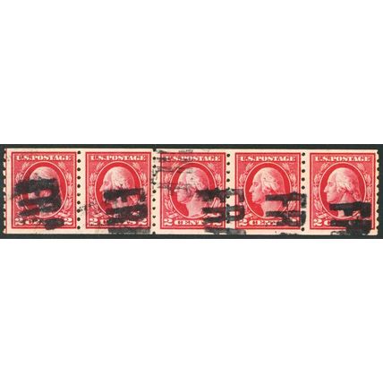 413, Used 2¢ FVF Scarce Genuine Coil Strip of 5 CV $ 250+ - Stuart Katz