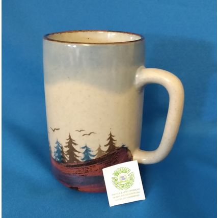 CERAMIC TANKARD NEW ENGLAND MOUNTAIN SCENE with PINE TREES and BIRDS + RECIPES