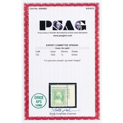 705, Mint NH 1¢ XF/Superb JUMBO - PSAG Graded 95J * Stuart Katz