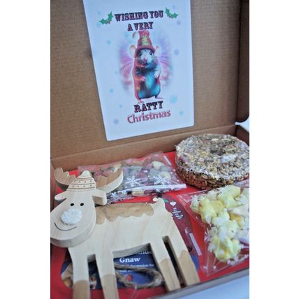 RATTY CHRISTMAS RAT GIFT BOX FILLED WITH REINDEER WOOD GNAW & TASTY RAT TREATS