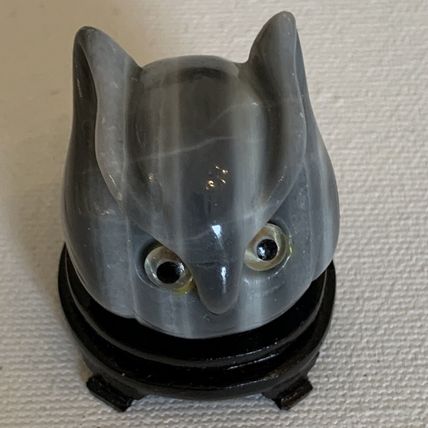 Grey Banded Agate Owl Figurine W Stand Vintage Fine Chinese Animal Carving 1.4"