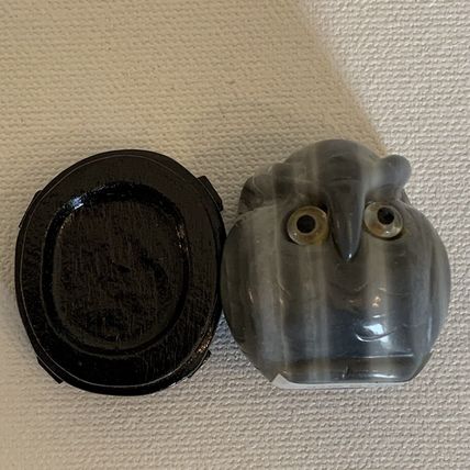 Grey Banded Agate Owl Figurine W Stand Vintage Fine Chinese Animal Carving 1.4"