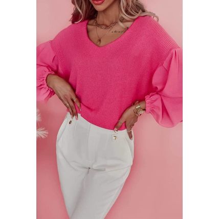 Rose Waffle Knit Balloon Sleeve Splicing V Neck Top