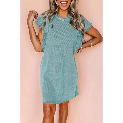 Aruba Blue Textured Ruffled Flutter Sleeve Mini Dress
